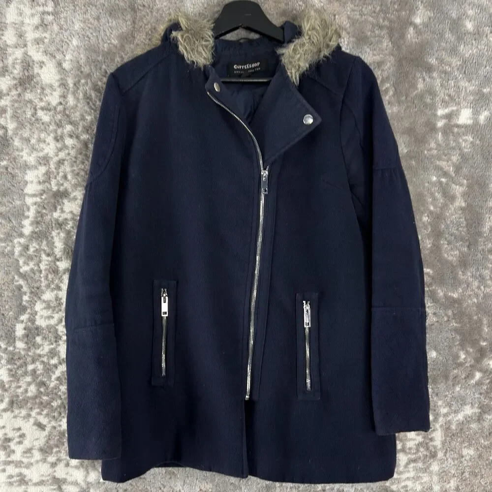 CoffeeShop Womens Sz S Faux Fur Full Zip Jacket Navy Long Sleeve Hooded‎ Outdoor